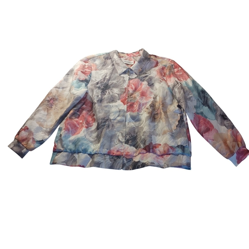 Alfred Dunner Floral Zip Front Jacket Womens 18 Plus Size Metallic Shimmer Coat